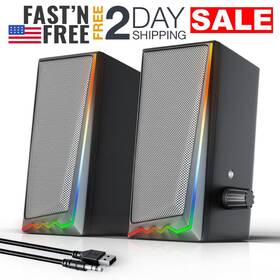 Uakinat 762744208073 Computer Speakers For Desktop Pc Usb Wired Rgb Led Lights 3.5mm With Audio Cable