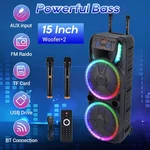 Dual 15'' Portable Bluetooth Speaker W/ 2 Mic Loud Karaoke Dj Party. Fixed Price $219.99.
